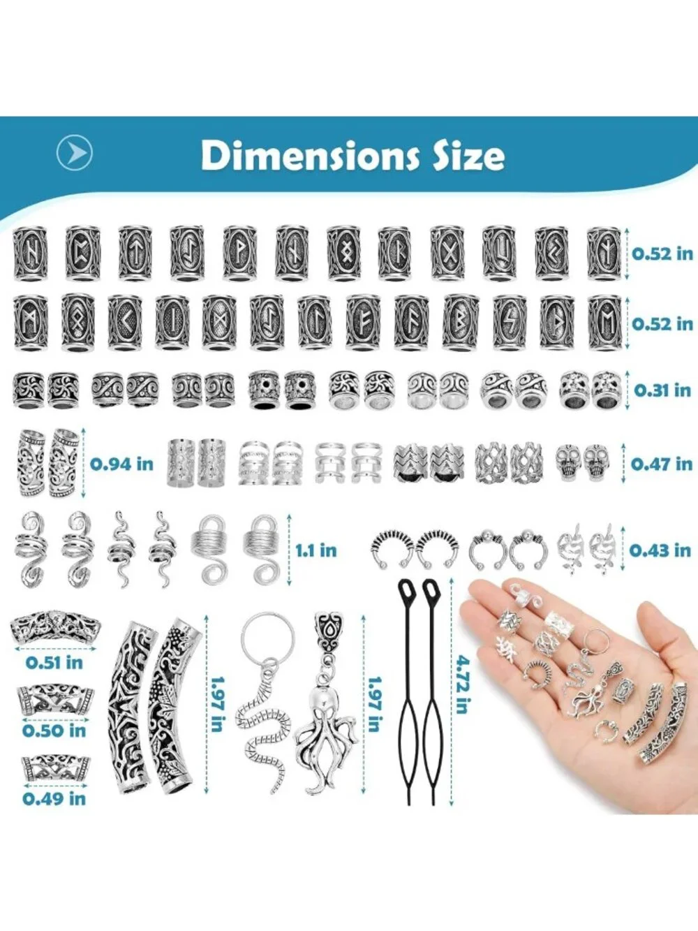 Viking Hair Accessories Set - 247 Pcs Norse Runes Beads, Metal Cuffs & Dreadlock